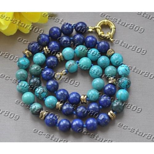Z11269 19" 8mm Round Green Turquoise Blue Lapis Lazuli Bead Necklace Women Fashion Jewelry