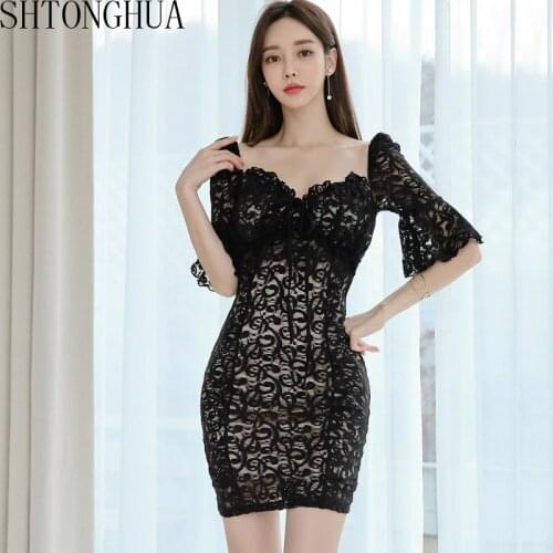 2020 Summer Sexy Elegant Dress Women Lace Patchwork V-Neck Flare Sleeve Slim bodycon Mini pencil Dress
