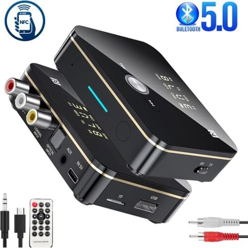 Bluetooth 5.0 Receiver Transmitter NFC LED Stereo 3.5mm AUX Jack RCA Optical Wireless Audio Adapter Handsfree Call Mic TV PC