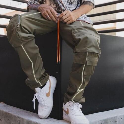 2021 Mens New Multi-Pocket Reflective Strip Cargo Trousers Mens Leisure Sports High Street Joker Trend Tie Up Leg Trousers
