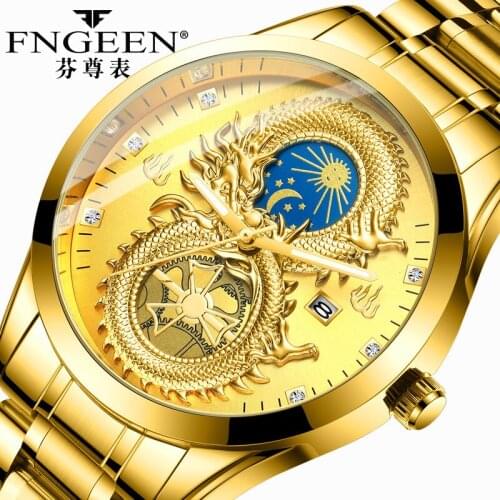 FNGEEN Mens Watches Top Brand Steel Waterproof Sun Moon Star Dragon Watch Calendar Gold Quartz Wristwatch for Men Sport Clock