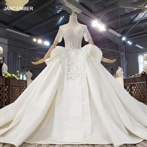 HTL1616 Entire Top Decorated With Pearl Crystal Metal Pieces Wedding Dresses 2020 O-Neck Short Sleeve vestido de novia playa