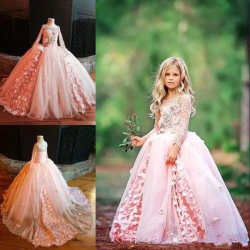 Pink Girl Flower Dresses Gorgeous Pageant Dress For Wedding 3D Floral Appliqued Lace Long Sleeve Applique Tulle Birthday Gown