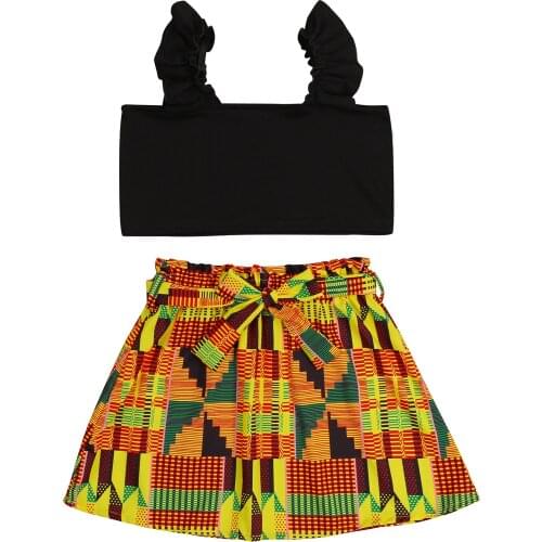 Summer Kids Girls Clothes Sets Strap Sleeveless Vest Tops Printed Bowknot A-Line Skirts