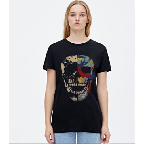 Fashion Women T-Shirt Diamonds Short T Shirt black O-neck Tees cottonr Regular Tops Women Summer
