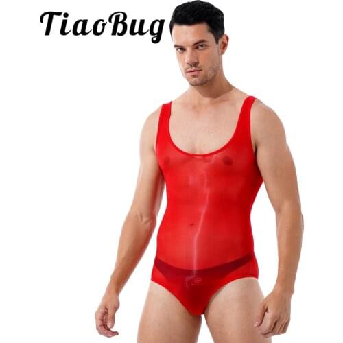 Mens Erotic Jumpsuit Scoop Neck Sleeveless Glossy Bodycon Leotard Transparent Slim Romper Catsuit For Lingerie Party Honeymoon