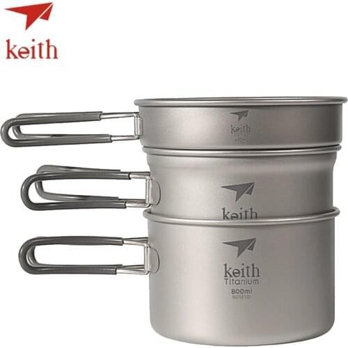 Keith Titanium Pots Set Outdoor Travel Tableware Camping Hiking Utensils Picnic Cookware 3Pcs Caldron & Medium Pot & Frying Pan