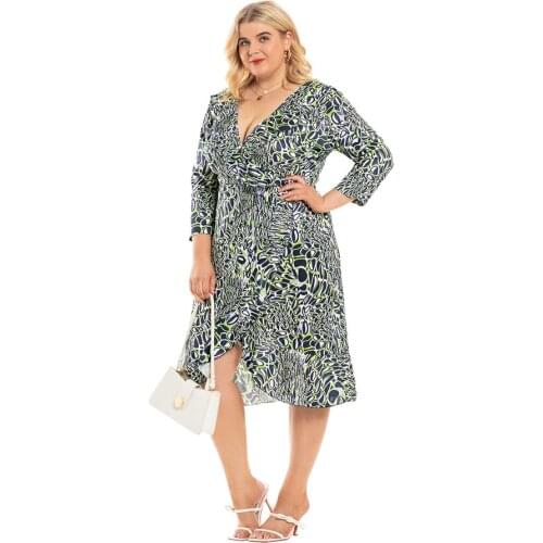 Womens 2021 Fall New Large Size Long Sleeve Womens V-neck Ruffle Dress Cocktail Party Dress Ladies Evening Dress 5XL