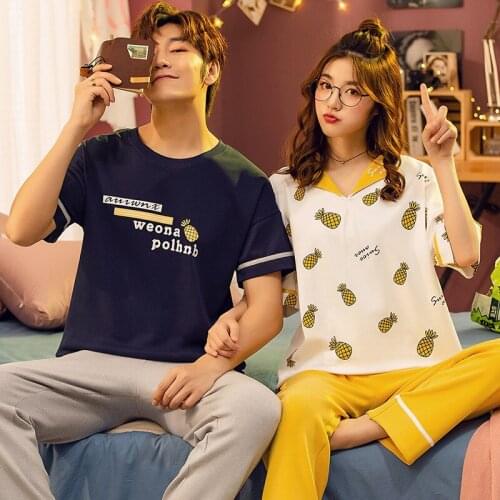 SLPBELY Couple Pajamas Set Pijamas Summer Cartoon Pineapple Short Sleeve Men Women Pyjamas Cute Printed Lover Sleepwear Homewear