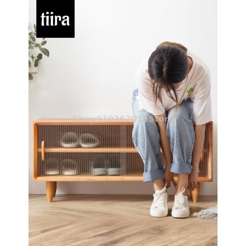 Sliding Door Pure Solid Wood Shoe Cabinet Sitting Door Entry Nordic Style Log Door Low Shoe Rack Shoe Stool