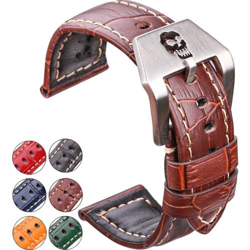 Genuine Leather Watchbands 22mm 24mm Thick Watch Band Strap Black Brown Orange Clock Belt Bracelet Skull Hollow Buckle For
