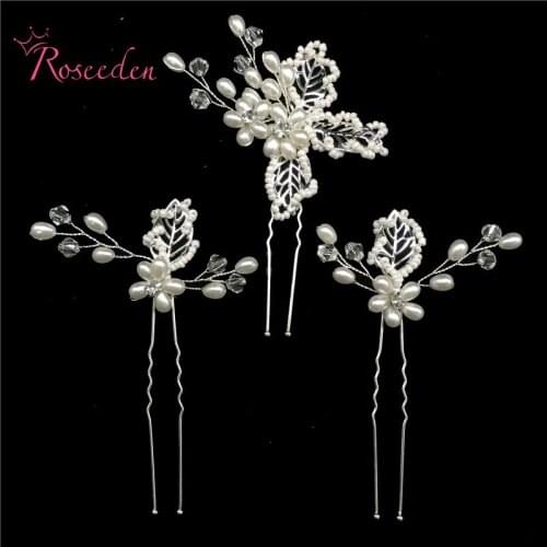 3Pcs Set Bride Wedding Hair Pins Hair-sticks Headpiece With Crystal Pearl Flowers Handmade Bridal Hair Jewelry AccessoriesRE3070