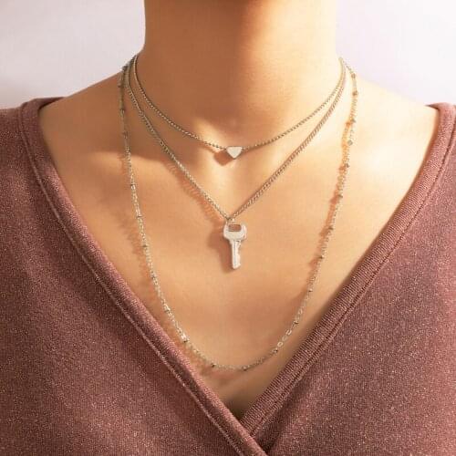 Tocona Classical Heart Key Pendant Necklace for Women Silver Color Multi-layer Chain Choker Bohemian Jewelry Accessories 17625