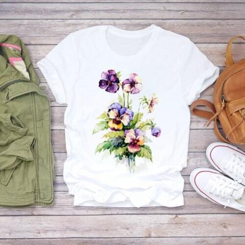 Women Flower Short Sleeve Print Floral Watercolor Clothes Summer Shirt T-shirts Top T Graphic Female Ladies Womens Tee T-Shirt