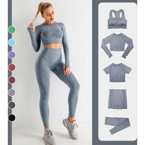 Seamless Women Gym Set Long Sleeve Top High Waist Belly Control Sport Leggings Gym Clothes Seamless Sport Suit 5 Pcs Sets Yoga