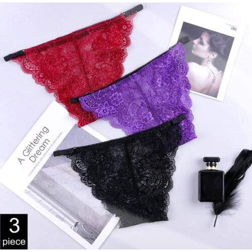 3 Pcs Lightweight Transparent Lace Panties Feminine Thong Temptation Cotton Crotch Low Waist Ladies Briefs