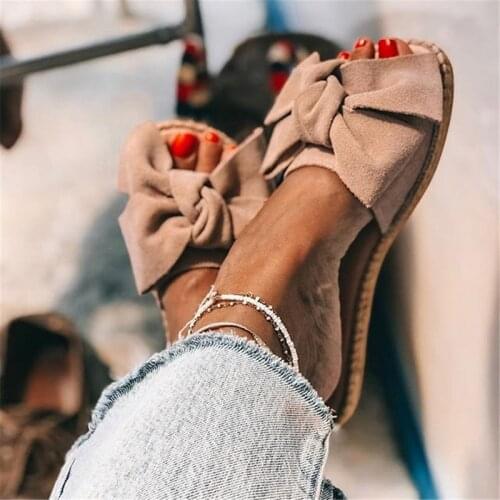 Summer 2020 New Womens Shoes Beach Shoes Ladies Non-slip Outdoor Slippers Open Toe Bow Flat Bottom Large Women Slippers