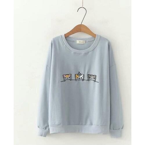 Womens Hooded Sweatshirts Japan Mori Girl Sweet Style Cute Cartoon Three Cats Embroidered Loose O-Neck Harajuku Hoodies