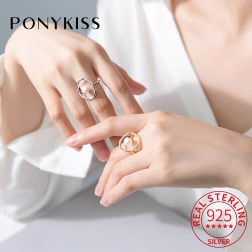 PONYKISS 100% 925 Sterling Silver Natural Pearl Resizable Geometric Opening Ring Women Delicate Elegant Ring Accessory Fine Gift