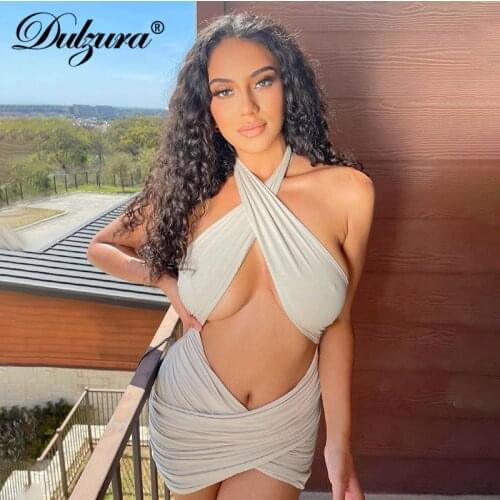 Dulzura Solid Women Halter Mini Dress Ruched Hollow Out Bodycon Backless Sexy Streetwear Party Club Elegant 2021 Summer Festival