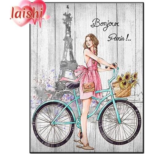5D DIY Girl riding a green scooter, Eiffel Tower scenery Full Round Drill Rhinestones Diamond Painting Home Decoration Gifts