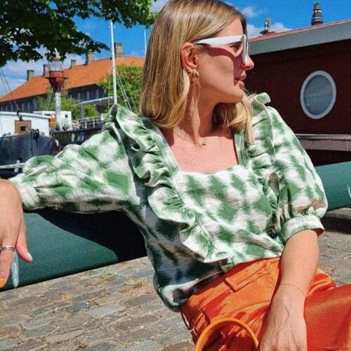 Gathered Ruffles Blouse Green Jacquard Femme Square neckline Puff Sleeves Chic Blouse Vintage Casual Chemises Tunic Tops Retro