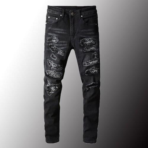 New Mens Bandanna Paisley Printed Patchwork Stretch Jeans Streetwear Black Denim Pencil Pants Slim Skinny Ripped Trousers 40