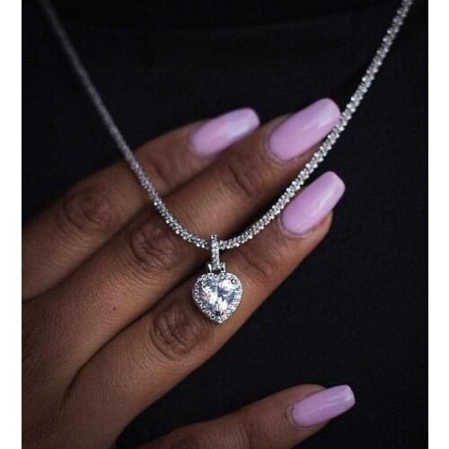 Iced Out 3mm CZ Tennis Chain Bling 5A Cubic Zirconia Halo Heart Pendant Necklace For Women Lover 2021 Valentines Day Gift