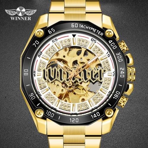 WINNER Automatic Mechanical Mens Watch Male Clock Full Steel Top Luxury Skeleton Big Dial Luminous Male Wristwatches
