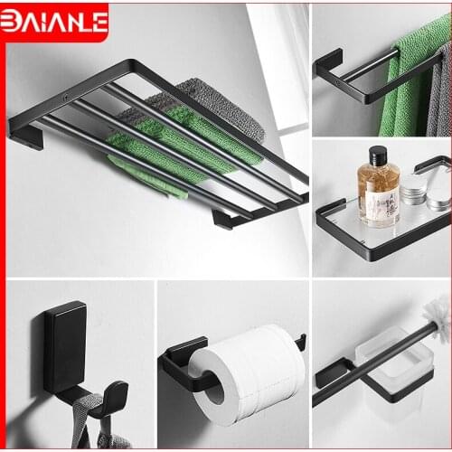 Towel Holder Black Double Towel Bar Stainless Steel Towel Rack Hanging Holder Coat Hook Bathroom Shelf Glass Toilet Paper Holder