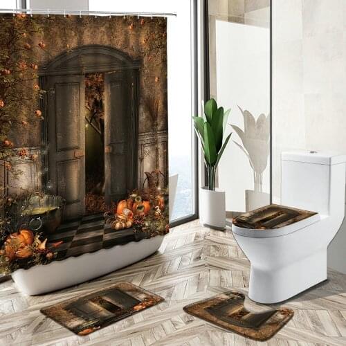 Fantasy Forest Autumn Scenery Shower Curtain Plant Flowers Pumpkin Halloween Bathroom Non-Slip Carpet Toilet Cover Floor Mat Set