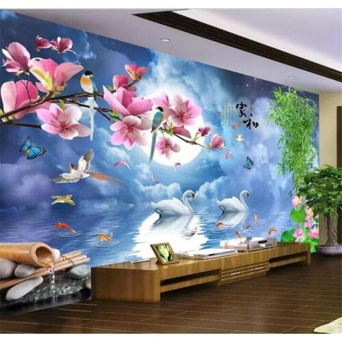 Beibehang Wallpaper custom murals beautiful ultra high definition night color flowers good moon round romantic swan background