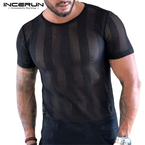 Summer Men Striped T Shirt Mesh Transparent O Neck Short Sleeve Sexy Tee Tops Streetwear 2021 Party Casual Camisetas INCERUN 7