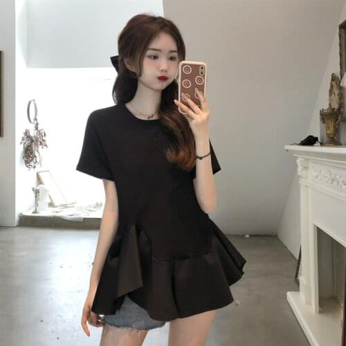 T-shirt Black Fungus Ruffled Round Neck Short-sleeved T-shirt Female Summer New Korean Style Slim Slimming Top