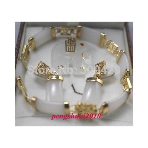 Good Wholesale Pretty new White jade stone Elephant Jewellery Necklace/Pendant Bracelet Earring Set