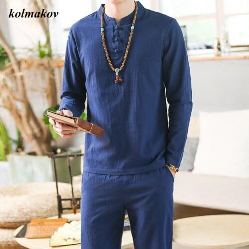 Shirt + Trousers)2020 New Arrival Spring Style Men Cotton and Linen Shirts High Quality Solid Mens Two-piece Shirts Size M-5XL