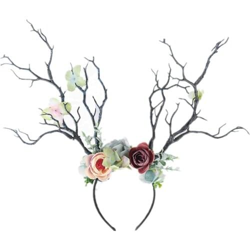 MAXING002 Women Christmas Flower Headband Retro Tree Branch Deer Ears Gothic Antler Hair Hoop Crown Girls Festival Party Prop