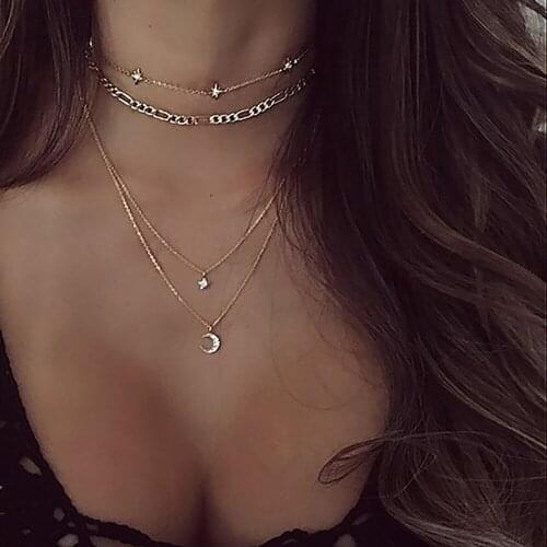 New Boho Fashion Vintage Gold Necklaces For Women Crystal Moon Stars Pendant Necklace Multilayer Female Jewelry Valentine Gift