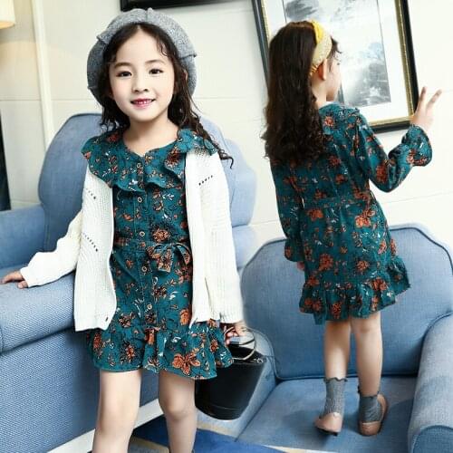 Autumn New Korean Girls Retro Floral Dress Loose Solid Bat Sleeve Cardigan Sweater