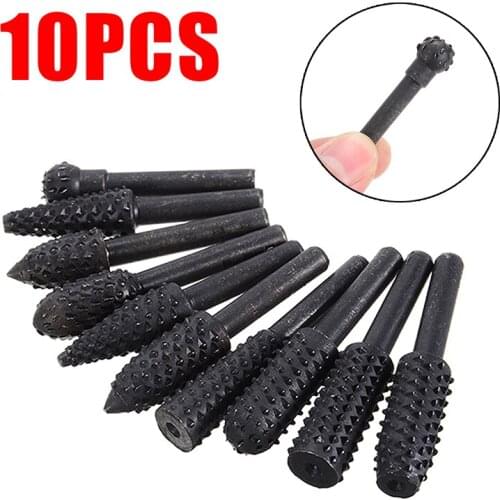 Durable 10pcs Carbon Steel Shank Rotary Burr Set Wood Carving Rasp Drill Bits Tool For Woodworking Grinding Polishing