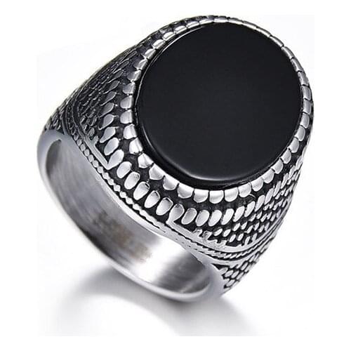 Big Black Stone Rings Men and Women Vintage Snake Skin Ethnic 316LStainless Steel Classic Retro Mens Rings