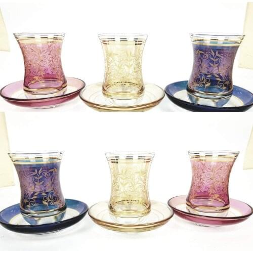 Turkish Moroccan Tea Glasses Cups and Saucers Set of 6 for Serving Drinking Glassware Gift 3.45 oz -100 ml (Multicolor)