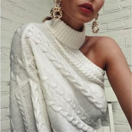 New Trendy Elegant Women clothes Long Sleeve Knitted One Shoulder Sweater solid Turtle Neck pullover Outwear one pieces Oversize