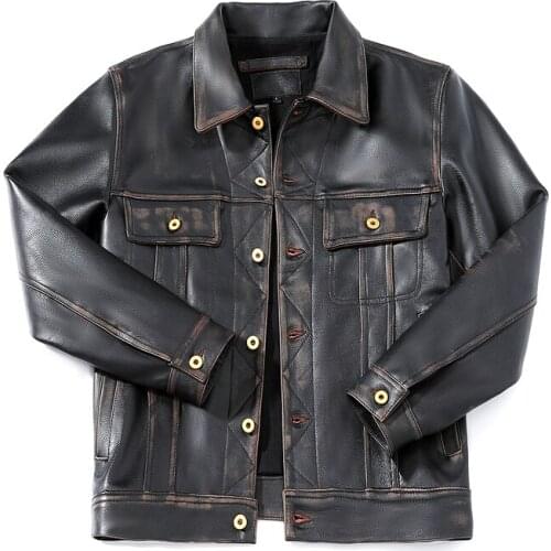 YR!Free shipping.High quality Vintage black casual leather jacket.luxury Tea core cowhide coat.men cool slim leather outwear