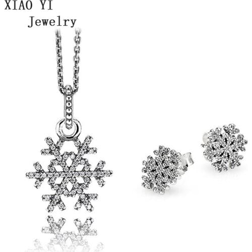 XIAOYI jewelry 100% s925 11 charm authentic shiny snowflake necklace earrings set romantic fashion gift fine jewelry female