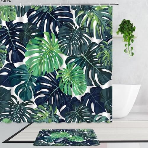 Leaf Bathroom Shower Curtains Tropical Plants Green Leaves Simple Art Home Decor Background Bath Curtain Set Non-Slip Carpet Mat