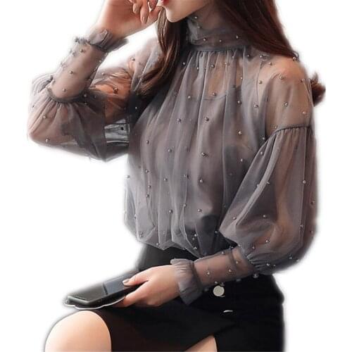 2019 Spring Summer Long Lantern Sleeve Turtleneck Bead Mesh Blouses Women Fashion Loose Pearl Mesh Shirts Women Pearl Mesh Q157