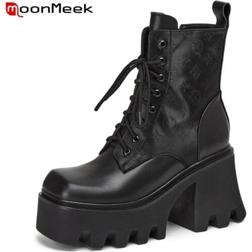 MoonMeek Hot Sale Fashion Cow Leather Shoes Square Heels Zipper Lace Up Ankle Boots Platform Casual Female Boots Winter Big Size