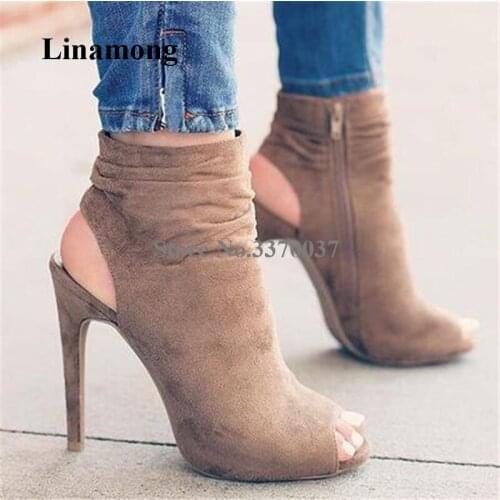 Autumn New Fashion Women Peep Toe Suede Leather Stiletto Heel Short Gladiator Boots Cut-out Zipper-up High Heel Ankle Booties