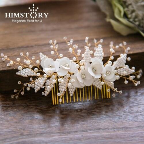 HIMSTORY Handmade Beaded Silk Yarn Floral Flower Bridal Hair Comb Headpiece Gold Wedding Hair Accessories Women Combs